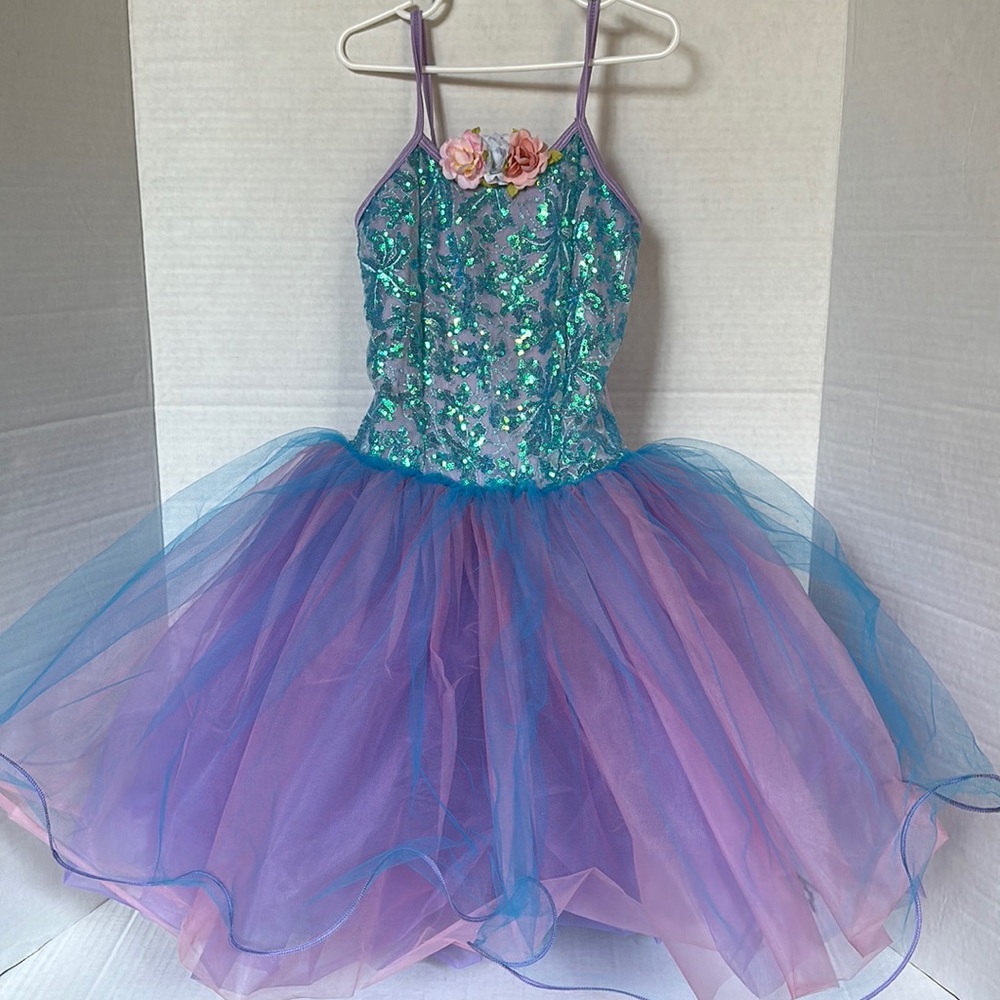 Dance Costume Girls Tulle Sequin Purple Blue Pink Size Medium Big Girls